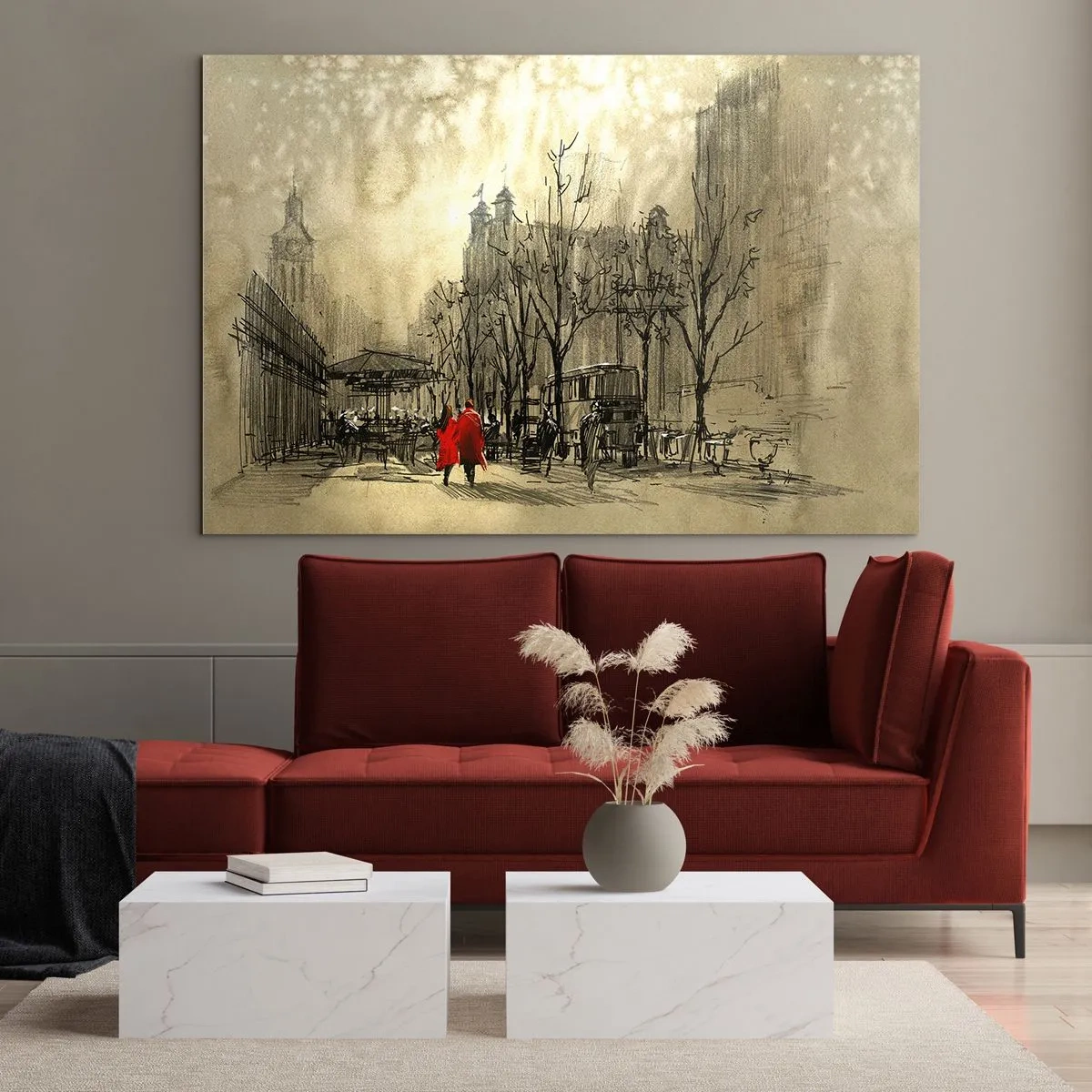 Glasbild - Bild auf glas - Ein Date im Londoner Nebel mit einem roten Mantel-Akzent - 120x80cm - Ein Date im Londoner Nebel - Moderne Wanddekoration für Wohnzimmer und Schlafzimmer ARTTOR