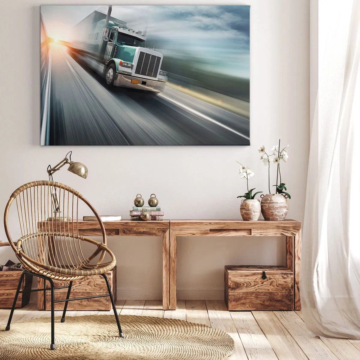 Bild auf Leinwand - Leinwandbild - Ein LKW auf der Autobahn in Bewegung bei Sonnenuntergang - 70x50cm - Der amerikanische Riese in Eile - Moderne Wanddekoration für Wohnzimmer und Schlafzimmer ARTTOR