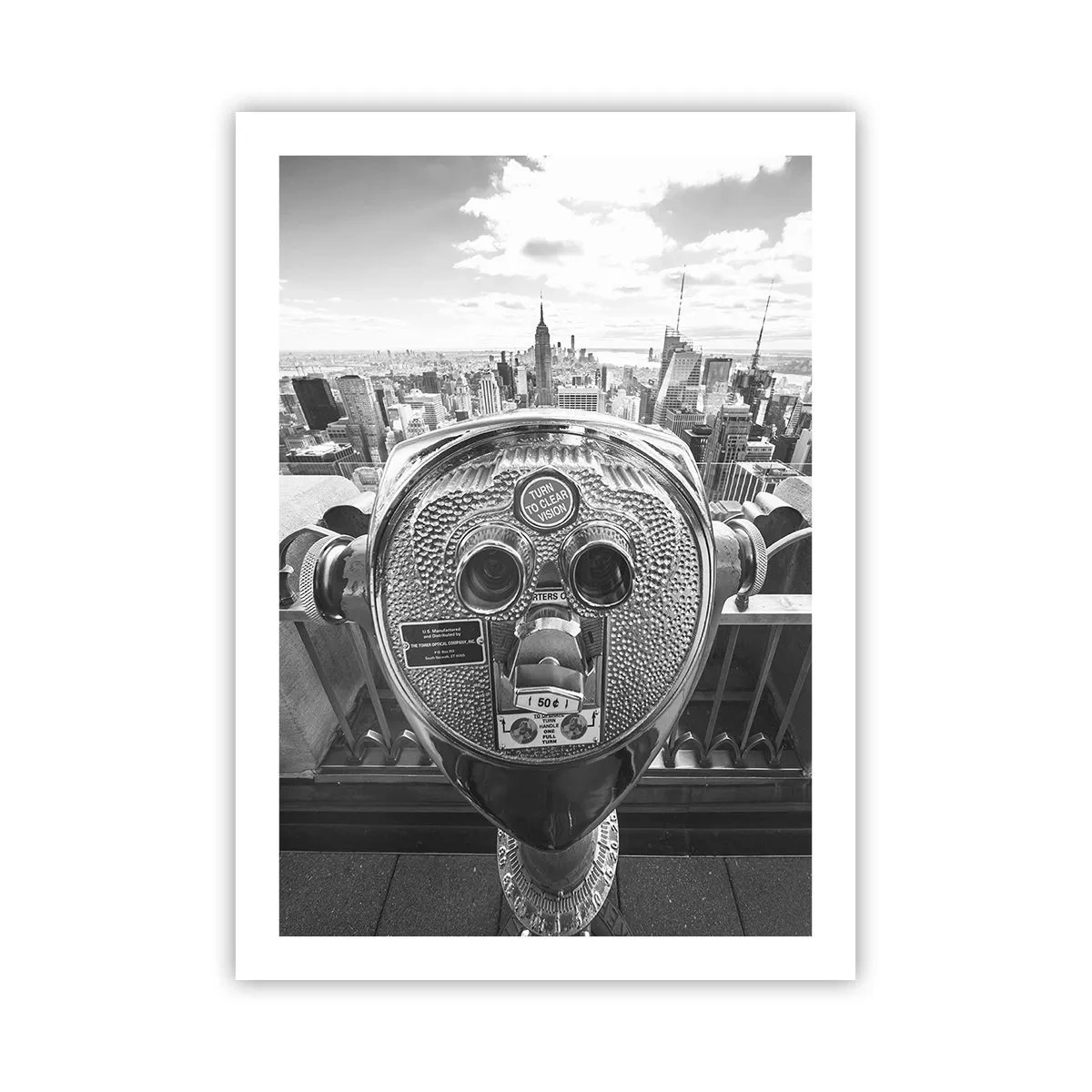 Poster - Eine monochrome Ansicht von New York City mit einem Fernglas im Vordergrund. - 50x70cm - Stadt über den Städten - Moderne Wanddekoration für Wohnzimmer und Schlafzimmer ARTTOR
