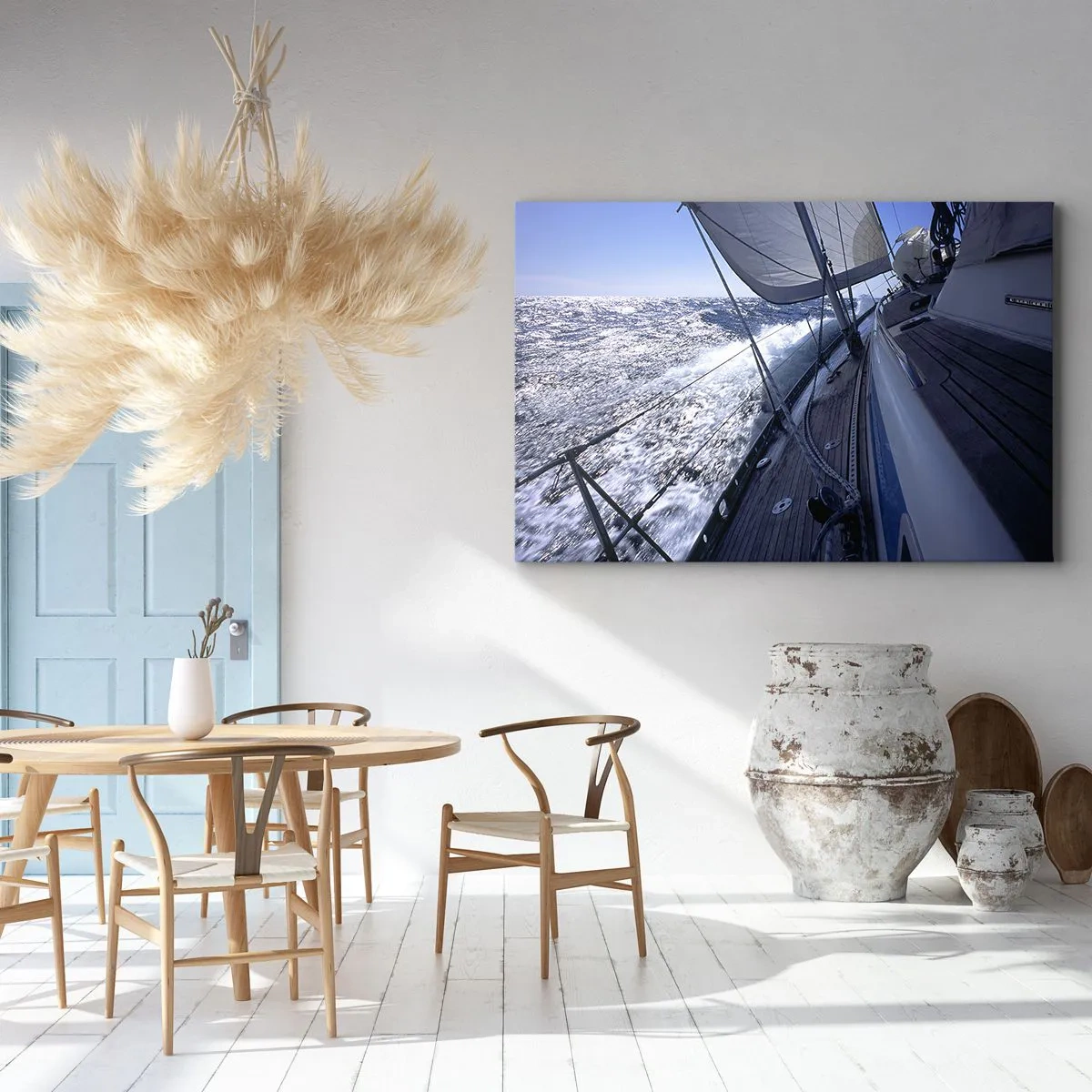 Bild auf Leinwand - Leinwandbild - Ein Segelboot in stürmischer See mit weißen Segeln und einem Holzdeck. - 70x50cm - Ich weiß was es heißt ein Vogel zu sein - Moderne Wanddekoration für Wohnzimmer und Schlafzimmer ARTTOR
