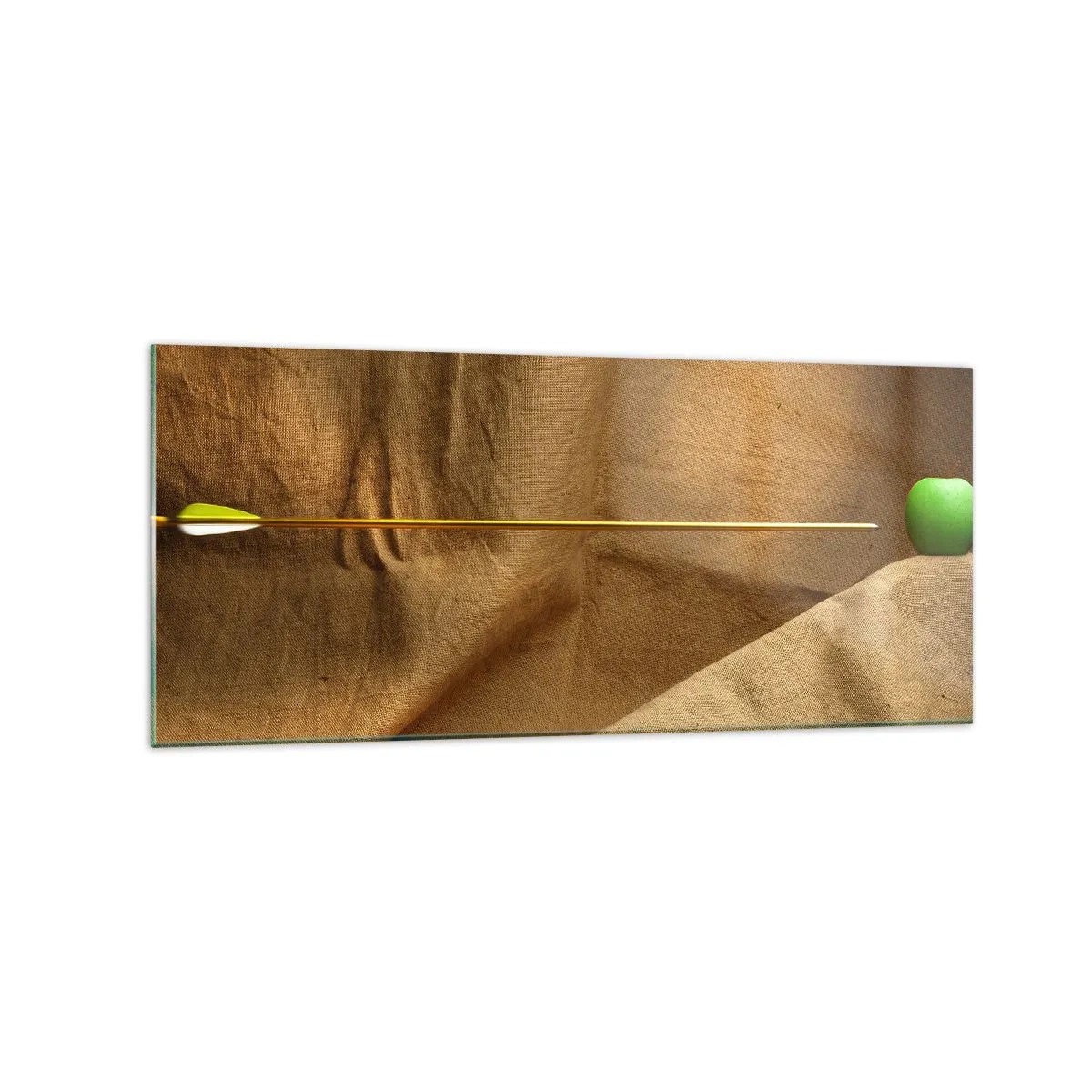 Glasbild - Bild auf glas - Grüner Apfel auf Stoff mit einem Pfeil, der eine Komposition ergibt - 120x50cm - Beschwöre den Geist von Wilhelm Tell - Moderne Wanddekoration für Wohnzimmer und Schlafzimmer ARTTOR