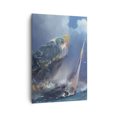 Bild auf Leinwand - Leinwandbild - Ein Segelboot im Sturm am Fuße eines massiven Felsens - 70x100cm - Wer den Mut hat, gewinnt - Moderne Wanddekoration für Wohnzimmer und Schlafzimmer ARTTOR