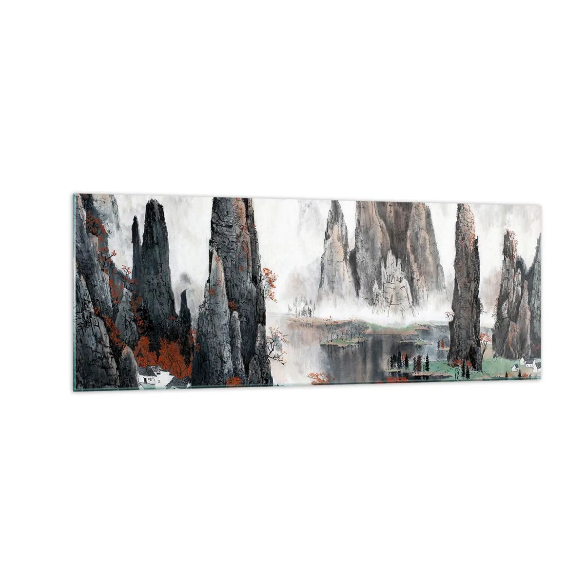 Glasbild - Bild auf glas - Malerische Felsen und Bäume in der nebligen chinesischen Landschaft - 140x50cm - Mächtige Wächter - Moderne Wanddekoration für Wohnzimmer und Schlafzimmer ARTTOR
