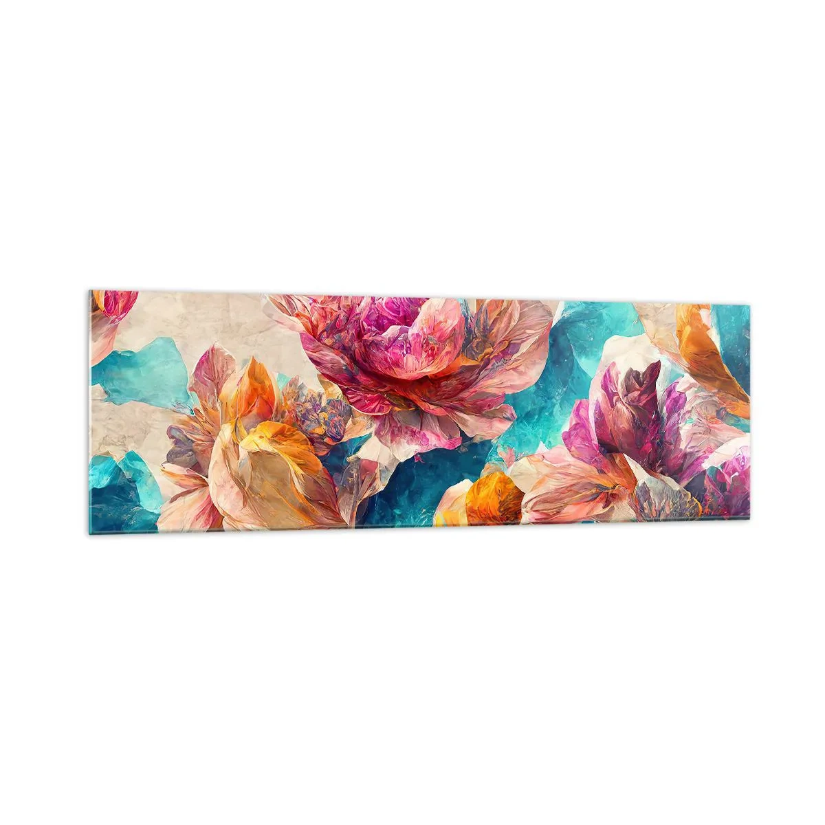 Glasbild - Bild auf glas - Bunte Blumen auf beigem Hintergrund - 160x50cm - Farbenpracht des Straußes - Moderne Wanddekoration für Wohnzimmer und Schlafzimmer ARTTOR