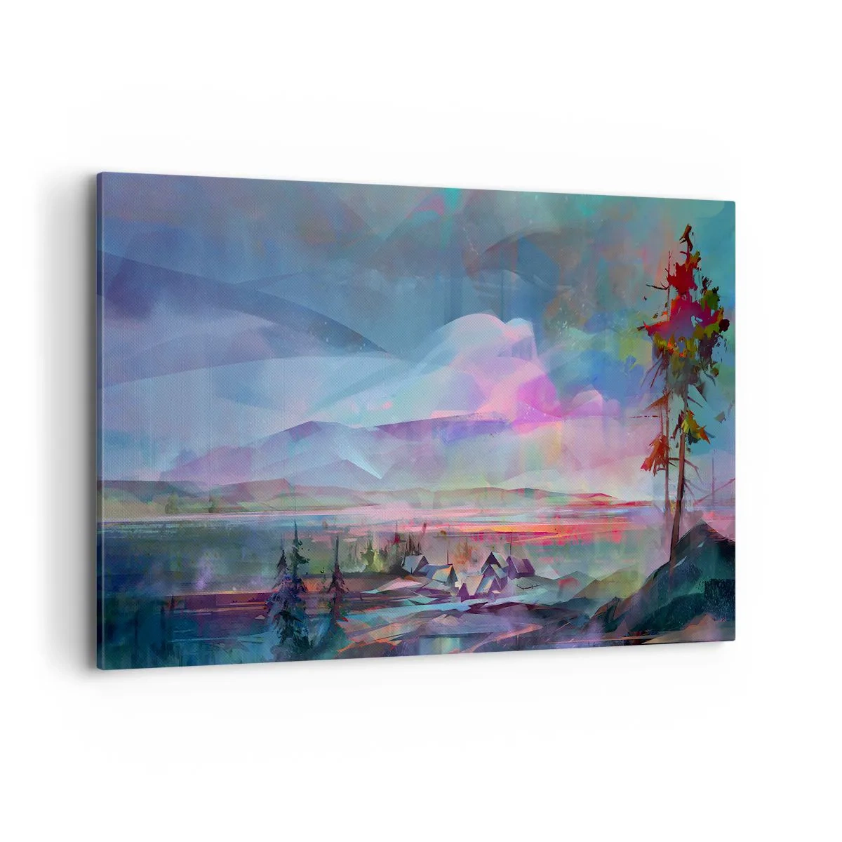 Bild auf Leinwand - Leinwandbild - Berglandschaft mit buntem Himmel und einem Dorf - 120x80cm - Unter einem wohlwollenden Himmel - Moderne Wanddekoration für Wohnzimmer und Schlafzimmer ARTTOR