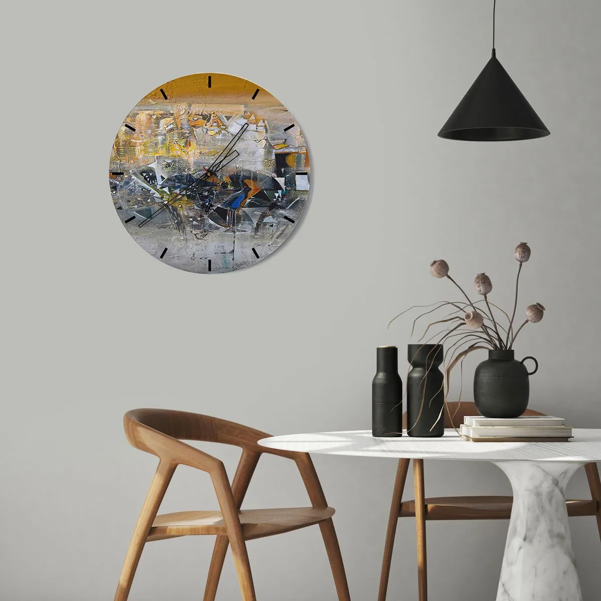 Wanduhr - Glasuhr - Abstrakte Collage in Gelb- und Grautönen - 30x30cm - Alles wird gut - Moderne Wanddekoration für Wohnzimmer, Küche und Schlafzimmer ARTTOR