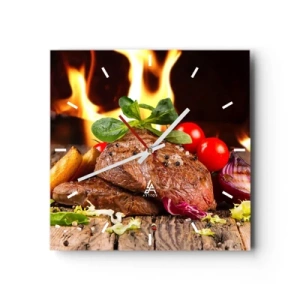 Wanduhr - Glasuhr - Gegrilltes Steak mit Beilagen vor dem Hintergrund der Flammen - 30x30cm - Von Hitze gezaubert - Moderne Wanddekoration für Wohnzimmer und Schlafzimmer ARTTOR
