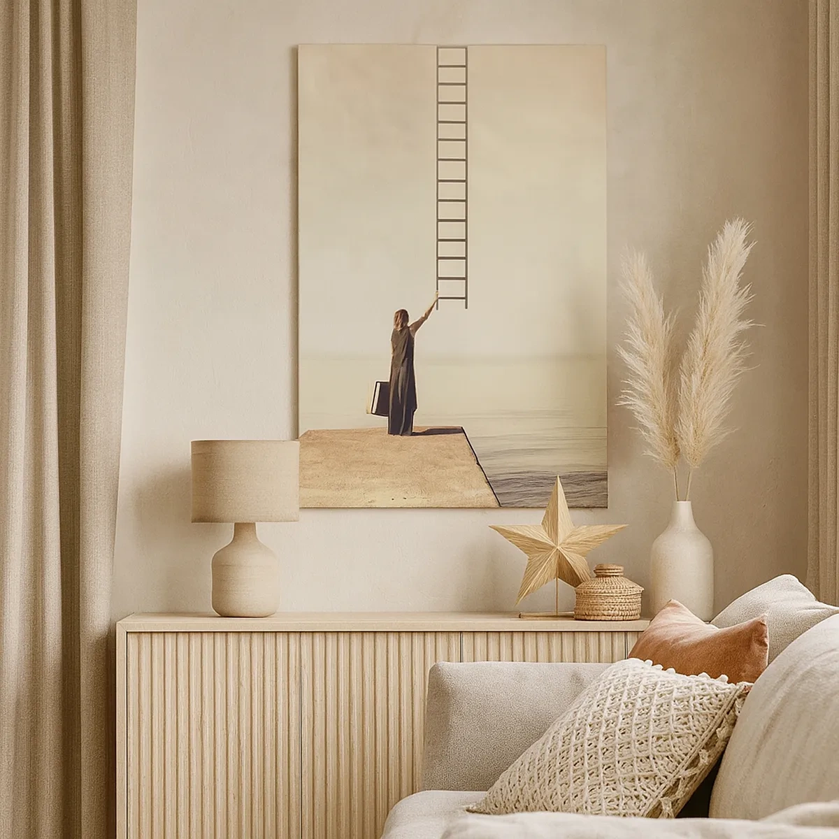 Bild auf Leinwand - Leinwandbild - Eine Frau steht auf einem Pier mit einer Leiter, die in den Himmel führt - 50x70cm - Eine magische Reise - Moderne Wanddekoration für Wohnzimmer und Schlafzimmer ARTTOR