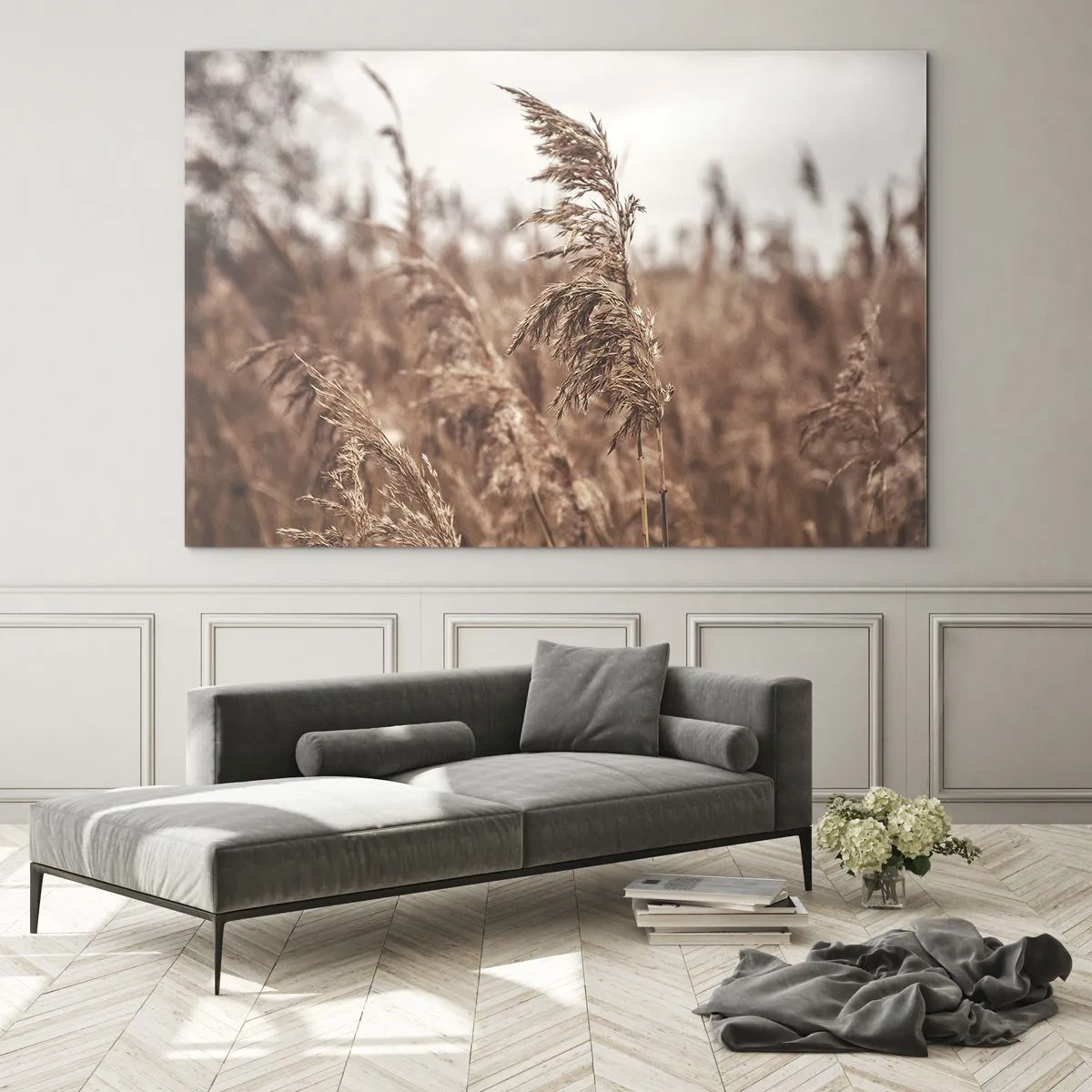 Glasbild - Bild auf glas - Getrocknete Gräser im Wind im herbstlichen Licht der Natur - 70x50cm - Auf den Feldern ist es schon Herbst - Moderne Wanddekoration für Wohnzimmer und Schlafzimmer ARTTOR
