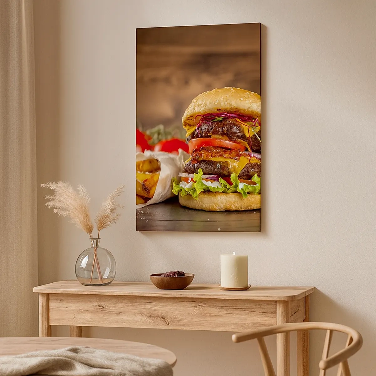 Bild auf Leinwand - Leinwandbild - Appetitlicher Burger mit Extras - 50x70cm - Die verbotene Frucht - Moderne Wanddekoration für Wohnzimmer und Schlafzimmer ARTTOR