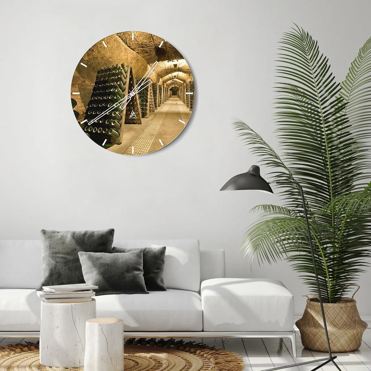 Wanduhr - Glasuhr - Ein Weinkeller und Flaschenreihen auf Regalen - 30x30cm - Die Geburt des Geschmacks - Moderne Wanddekoration für Wohnzimmer, Küche und Schlafzimmer ARTTOR