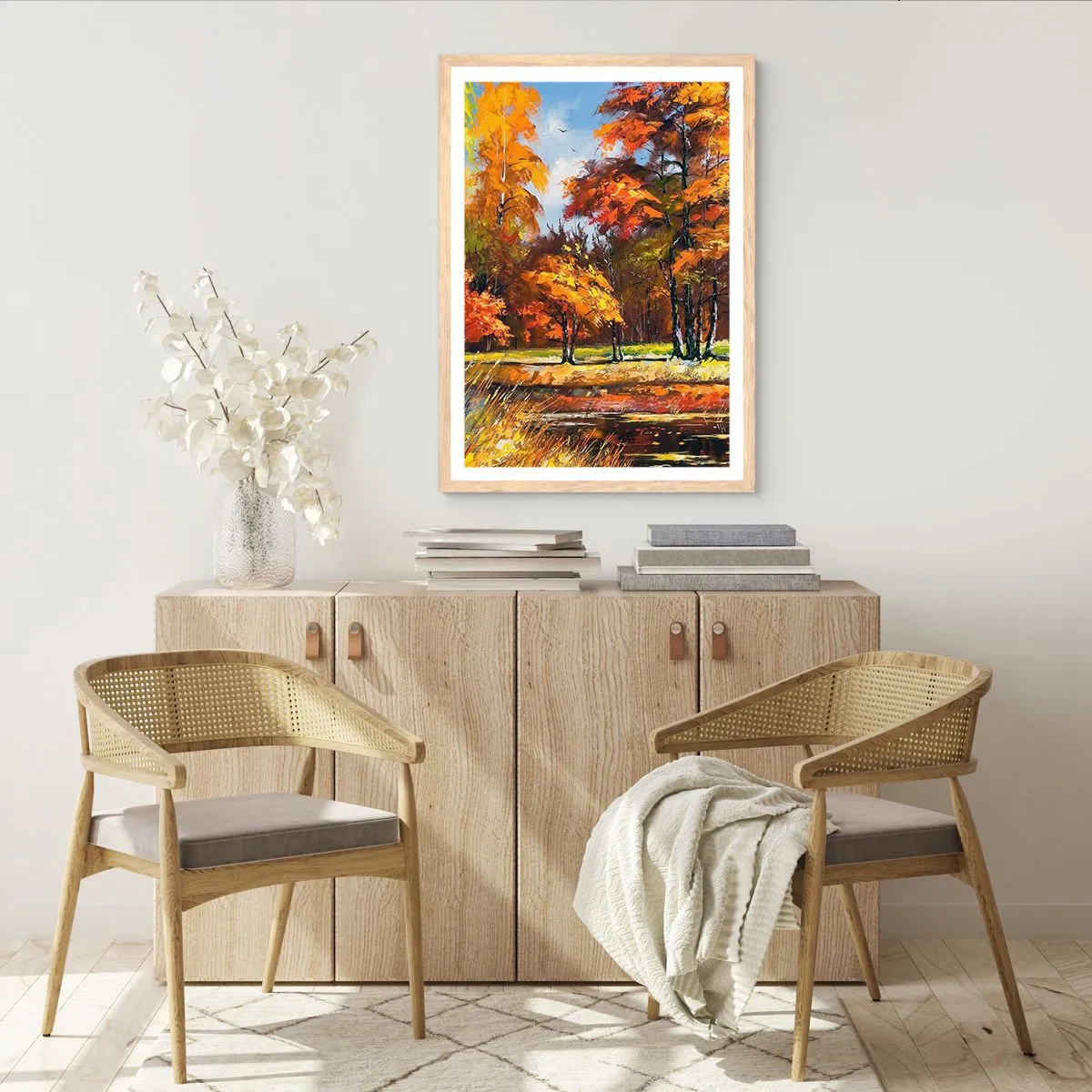 Poster in einem Rahmen aus heller Eiche - Landschaft in Gold und Bronze - 50x70 cm