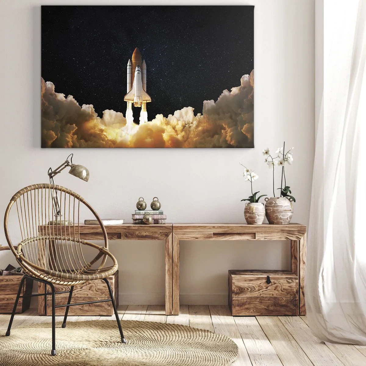 Bild auf Leinwand - Leinwandbild - Eine Weltraumrakete hebt vor dem Sternenhimmel ab - 120x80cm - Ad Astra! - Moderne Wanddekoration für Wohnzimmer und Schlafzimmer ARTTOR