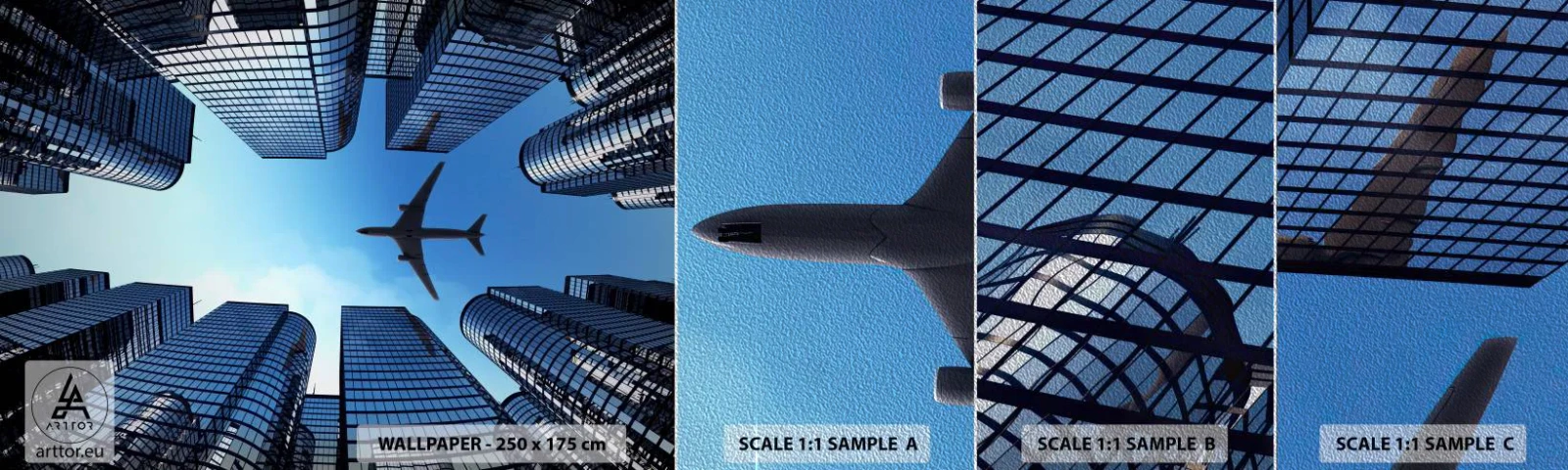 Fototapeten Muster Premium Sand - Der Blick aus der Glasschlucht - Die Architektur, Flugzeug, Stadt - 100x30 cm