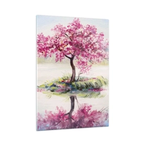 Glasbild - Bild auf glas - Ein rosa Baum auf einer Insel, der sich im ruhigen Wasser spiegelt - 50x70cm - Der Ritus des Frühlings - Moderne Wanddekoration für Wohnzimmer und Schlafzimmer ARTTOR