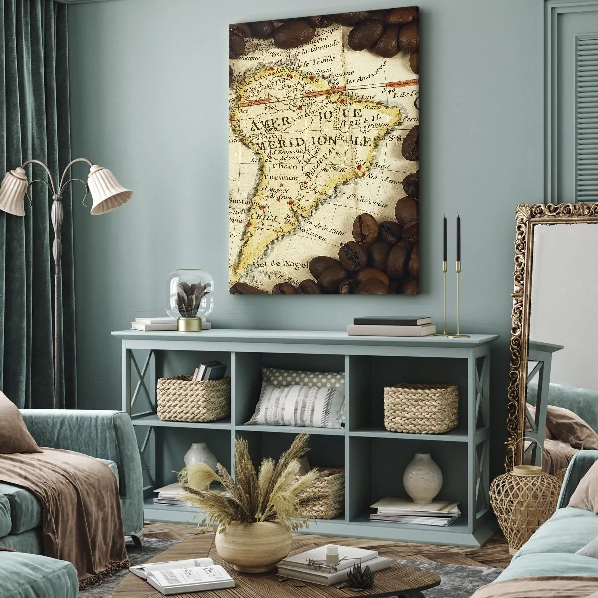 Bild auf Leinwand - Leinwandbild - Eine Karte von Südamerika, umgeben von Kaffeebohnen. - 70x100cm - Woher kommt der beste Kaffee? - Moderne Wanddekoration für Wohnzimmer und Schlafzimmer ARTTOR