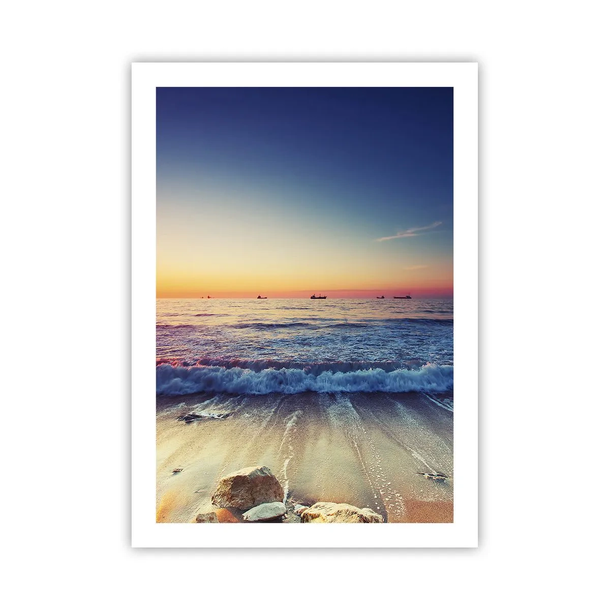 Poster - Sonnenuntergang über dem Meer mit sanften Wellen am Strand - 50x70cm - Was ist mit dem Horizont? - Moderne Wanddekoration für Wohnzimmer und Schlafzimmer ARTTOR