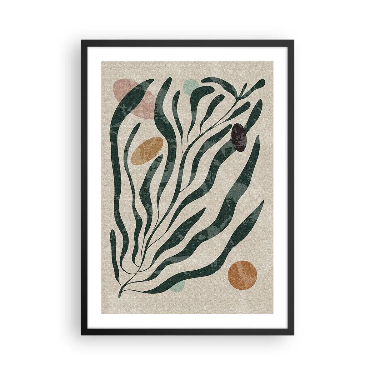 Poster in einem schwarzem Rahmen - Abstrakte Pflanzenkomposition in Grün und Beige - 50x70cm - Im Grünen - Moderne Wanddekoration für Wohnzimmer und Schlafzimmer ARTTOR