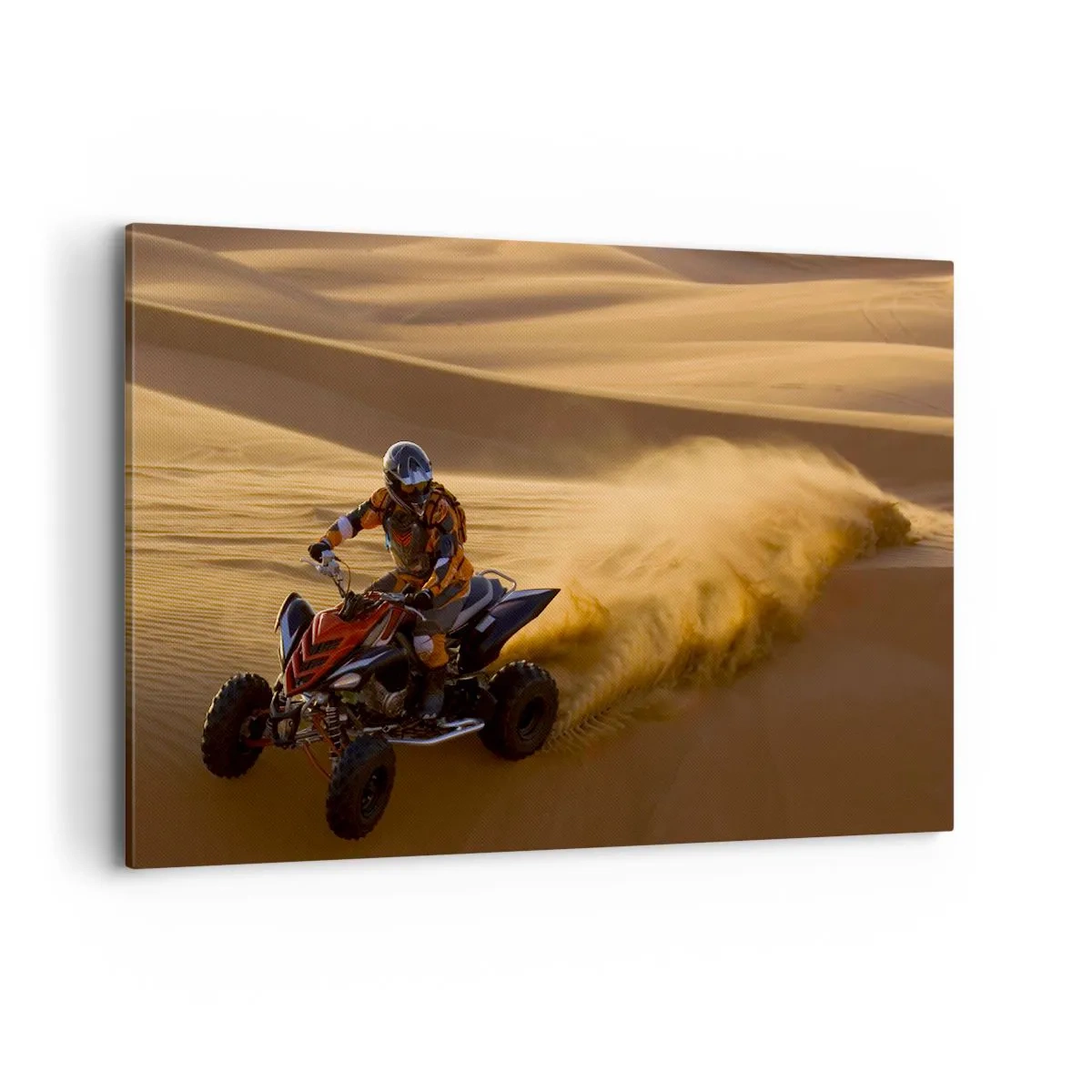 Bild auf Leinwand - Leinwandbild - Ein Motorradfahrer auf einem Quad rast über die Sanddünen der Wüste - 120x80cm - Auf den Sandwellen - Moderne Wanddekoration für Wohnzimmer und Schlafzimmer ARTTOR