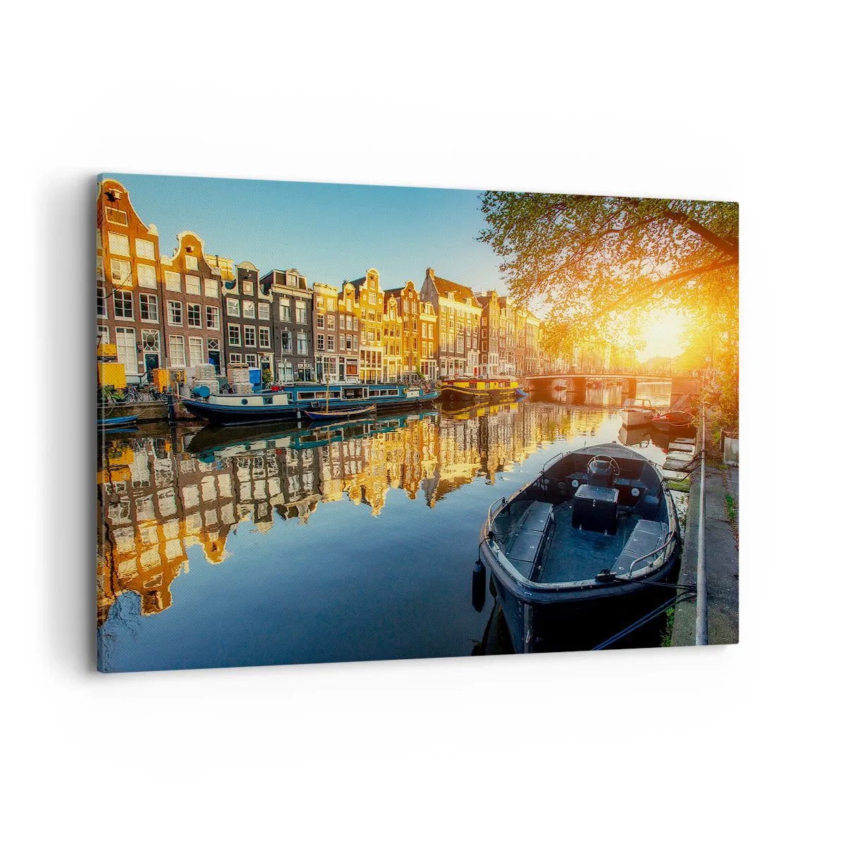 Bild auf Leinwand - Leinwandbild - Amsterdamer Kanal bei Sonnenuntergang - 100x70cm - Morgen in Amsterdam - Moderne Wanddekoration für Wohnzimmer und Schlafzimmer ARTTOR