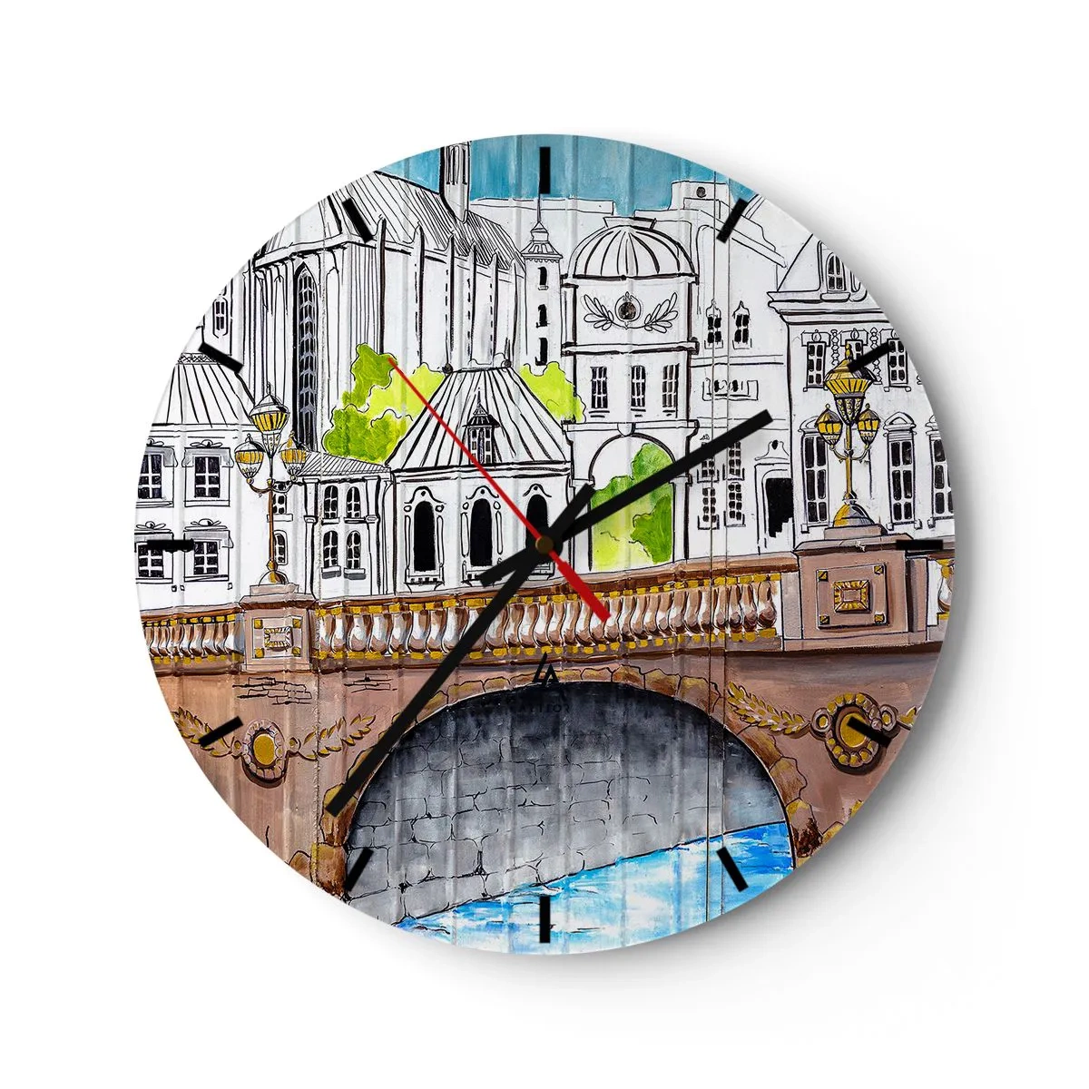 Wanduhr - Glasuhr - Illustration der Stadtarchitektur mit einer Brücke - 30x30cm - Die Stadt ist gemalt - Moderne Wanddekoration für Wohnzimmer, Küche und Schlafzimmer ARTTOR