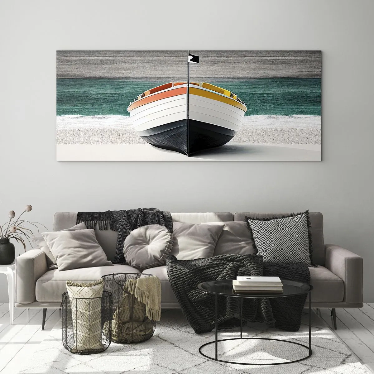 Glasbild - Bild auf glas - Ein Boot am Strand mit türkisfarbenem Meer im Hintergrund - 120x50cm - An seinem Platz - Moderne Wanddekoration für Wohnzimmer und Schlafzimmer ARTTOR