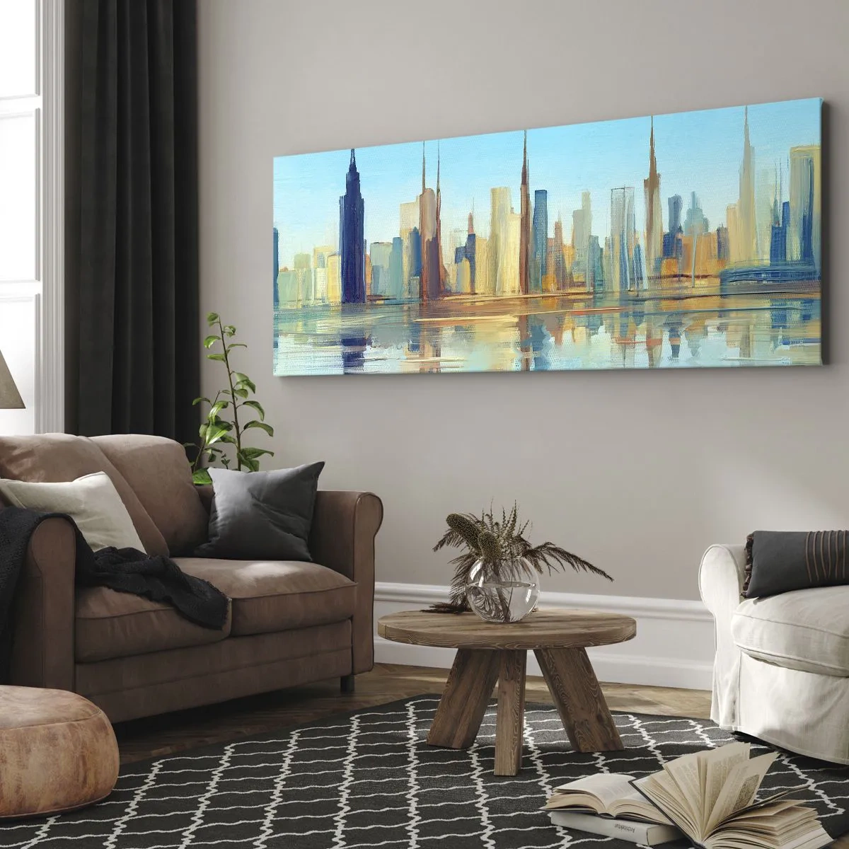 Bild auf Leinwand - Leinwandbild - Ein Panorama der Stadt in warmen Farben mit Spiegelung im Wasser - 160x50cm - Sonnige Metropole - Moderne Wanddekoration für Wohnzimmer und Schlafzimmer ARTTOR