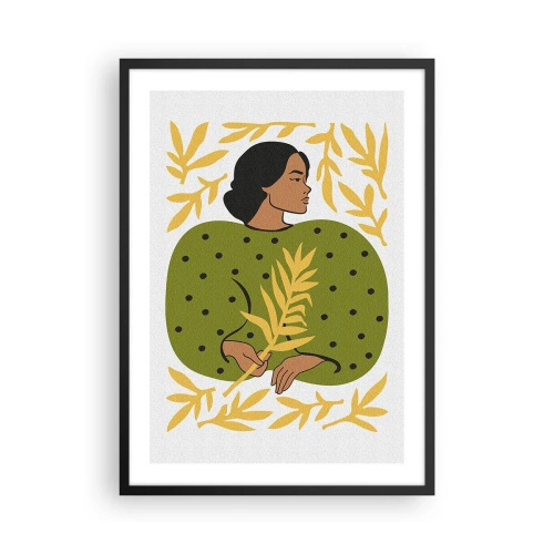 Poster in einem schwarzem Rahmen - Porträt einer Frau in einem grünen Kleid mit einem gelben Blatt, mit einem zarten Muster - 50x70cm - Hawaiianisches Mädchen - Moderne Wanddekoration für Wohnzimmer und Schlafzimmer ARTTOR