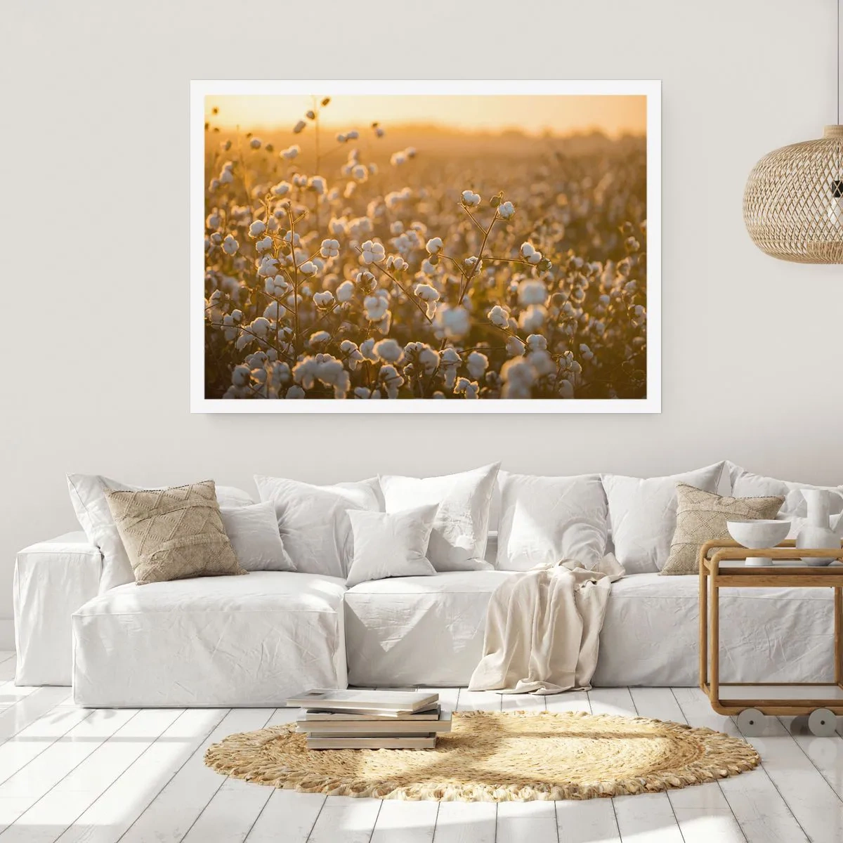 Poster - Ein Baumwollfeld im warmen Licht der untergehenden Sonne - 100x70cm - Fluffiges Feld - Moderne Wanddekoration für Wohnzimmer und Schlafzimmer ARTTOR