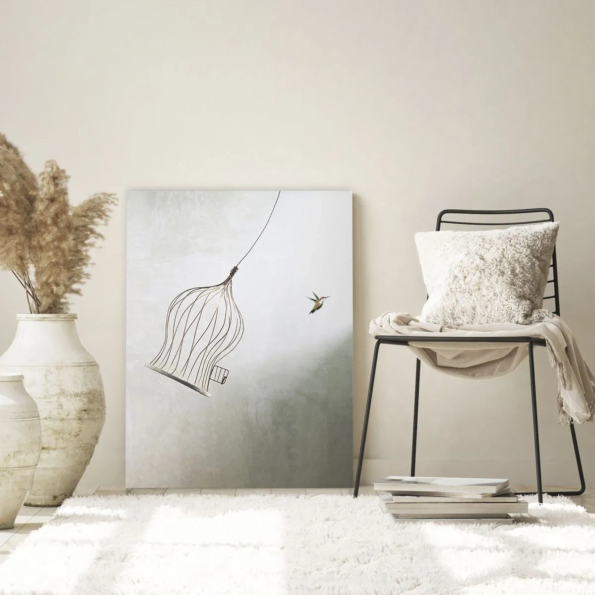 Glasbild - Bild auf glas - Ein aus einem Käfig befreiter Vogel vor dem Hintergrund eines hellen Himmels - 70x100cm - In seinem Element - Moderne Wanddekoration für Wohnzimmer und Schlafzimmer ARTTOR