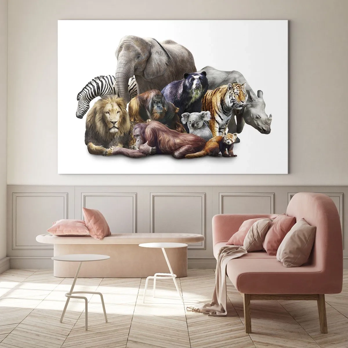 Glasbild - Bild auf glas - Eine Gruppe wilder Tiere auf weißem Hintergrund in einer künstlerischen Aufnahme - 100x70cm - Afrikanische Familienfotografie - Moderne Wanddekoration für Wohnzimmer und Schlafzimmer ARTTOR