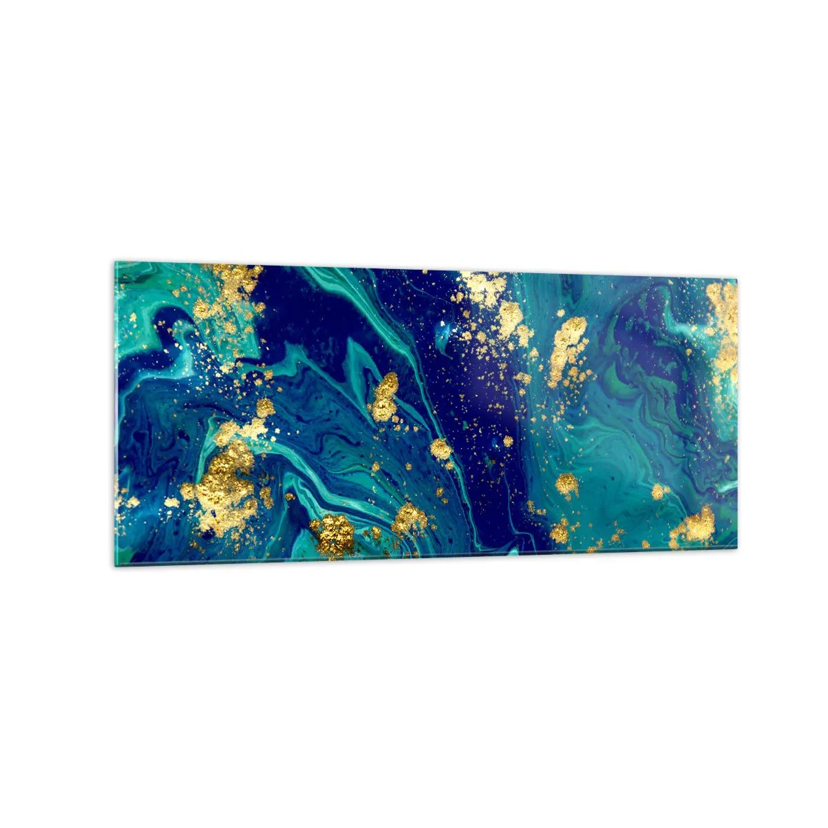 Glasbild - Bild auf glas - Eine abstrakte Komposition mit blauen, grünen und goldenen Akzenten. - 120x50cm - Die Blütenblätter der Sonne - Moderne Wanddekoration für Wohnzimmer und Schlafzimmer ARTTOR