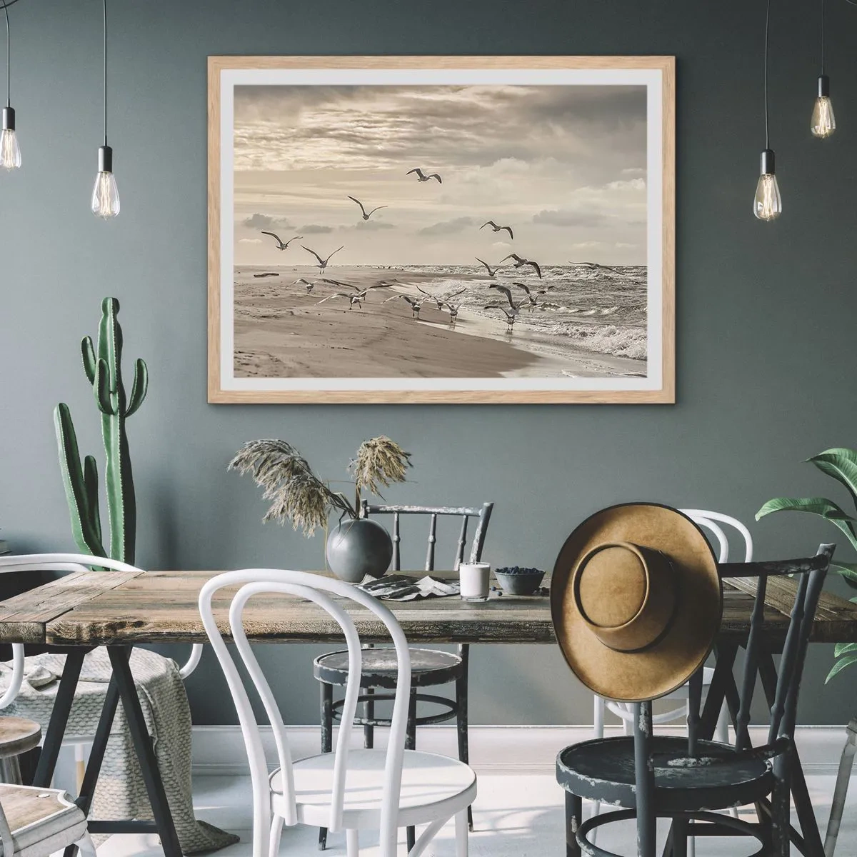 Poster in einem Rahmen aus heller Eiche - Meeresrauschen, Vogelgesang - 100x70 cm