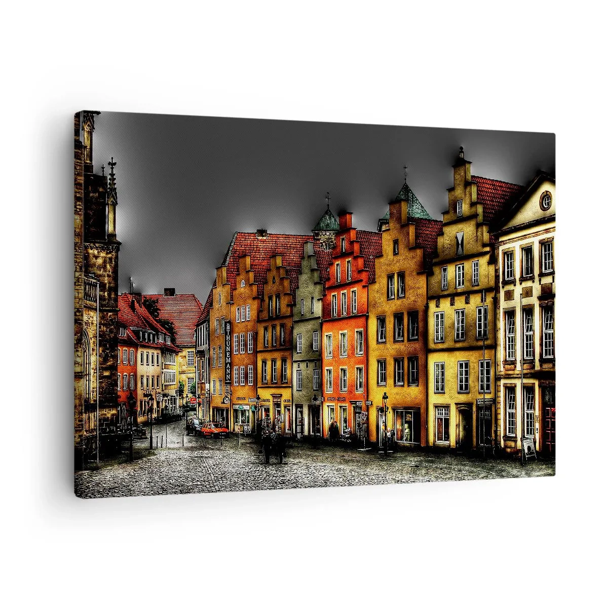 Bild auf Leinwand - Leinwandbild - Bunte Mietshäuser auf einer Kopfsteinpflasterstraße in der historischen Stadt - 70x50cm - Es fehlt nur noch ein verzaubertes Taxi - Moderne Wanddekoration für Wohnzimmer und Schlafzimmer ARTTOR