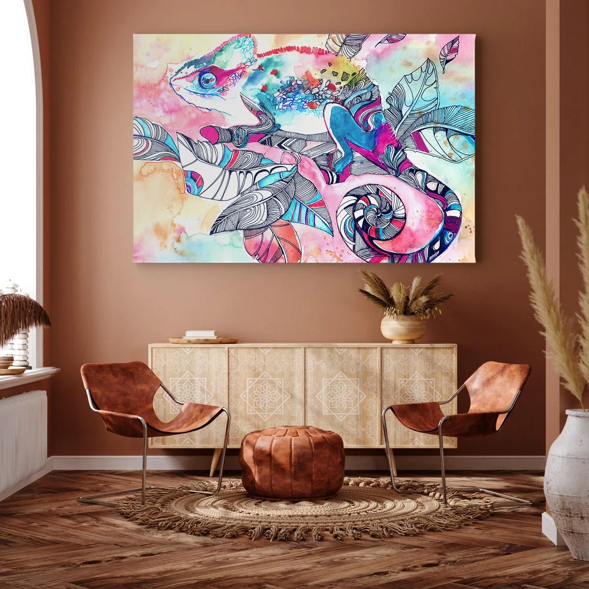 Bild auf Leinwand - Leinwandbild - Buntes Chamäleon auf abstraktem Blätterhintergrund - 100x70cm - So bunt wie unsere Welt - Moderne Wanddekoration für Wohnzimmer und Schlafzimmer ARTTOR