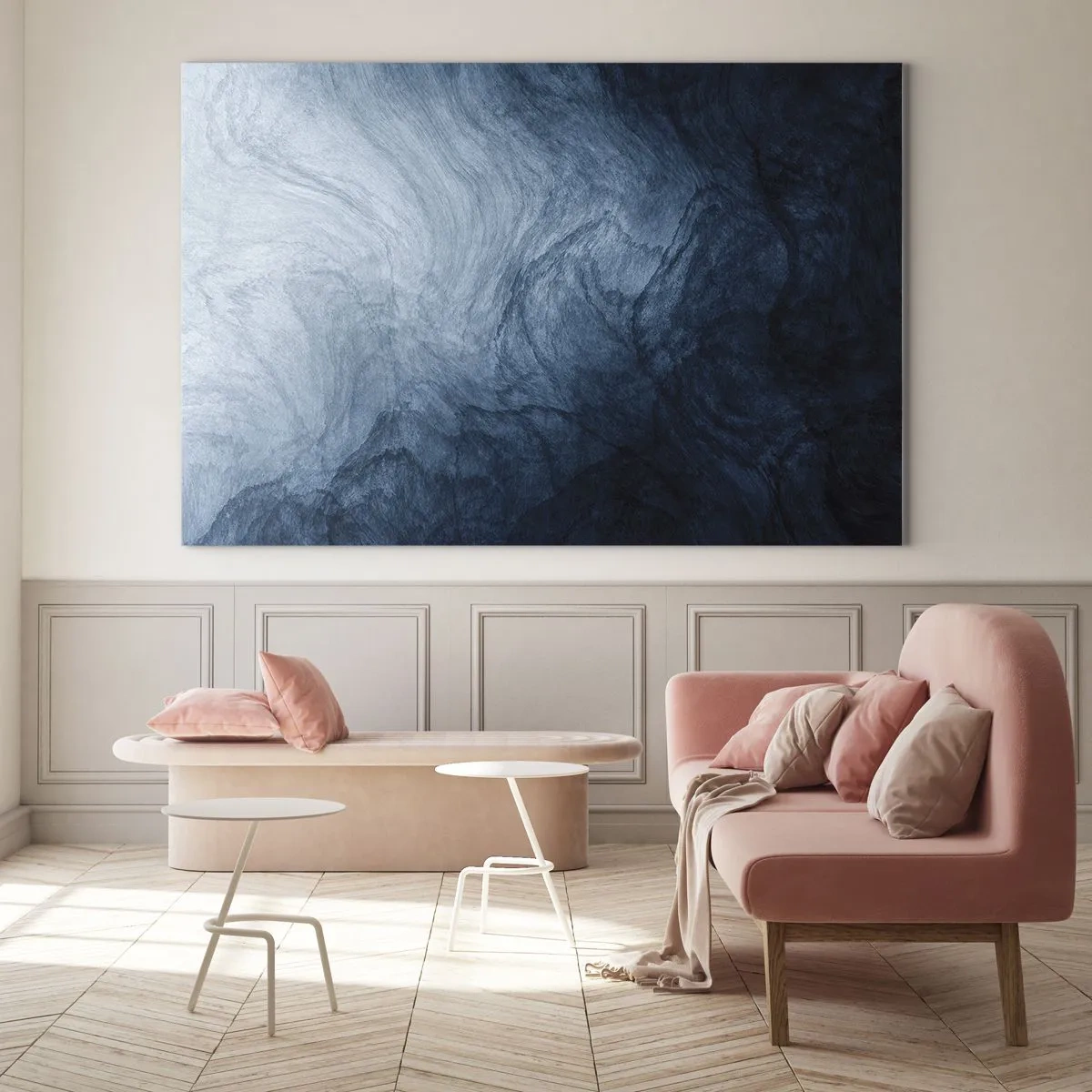 Glasbild - Bild auf glas - Abstrakte Tiefe in Marineblau- und Grautönen - 70x50cm - Greifen Sie tief - Moderne Wanddekoration für Wohnzimmer und Schlafzimmer ARTTOR