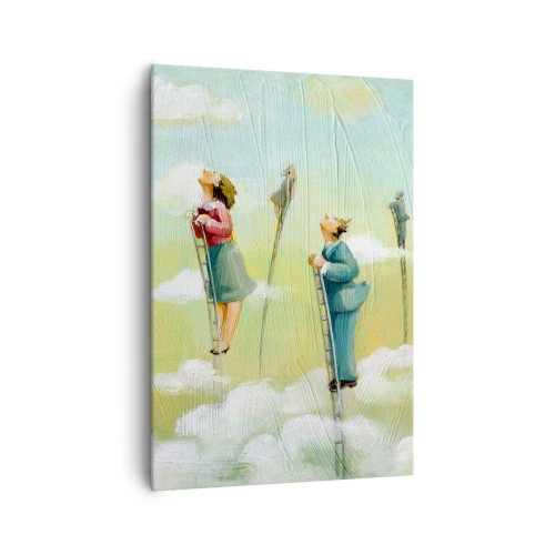Bild auf Leinwand - Leinwandbild - Figuren, die auf pastellfarbenem Hintergrund zwischen Wolken Leitern hochklettern. - 70x100cm - Hinter deinem Traum - Moderne Wanddekoration für Wohnzimmer und Schlafzimmer ARTTOR