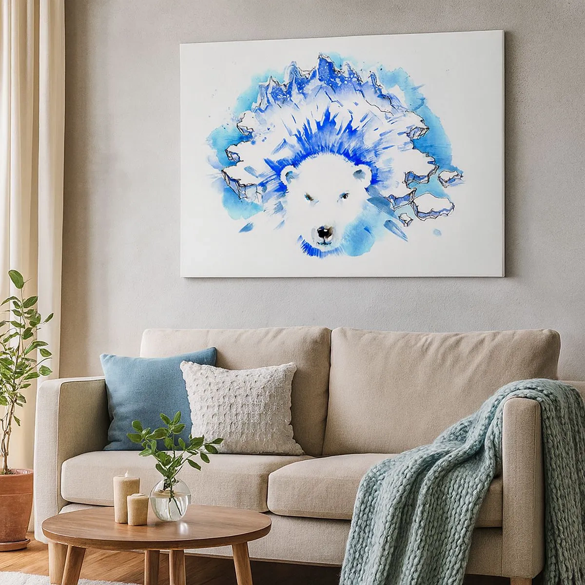 Bild auf Leinwand - Leinwandbild - Künstlerische Aquarellmalerei eines Eisbären mit eisigem Motiv - 70x50cm - Der König der Arktis in einer Eiskrone - Moderne Wanddekoration für Wohnzimmer und Schlafzimmer ARTTOR