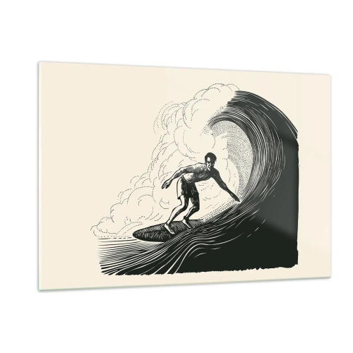 Glasbild - Bild auf glas - Surfer reitet auf einer hohen Welle im Retro-Zeichenstil - 120x80cm - König der Welle - Moderne Wanddekoration für Wohnzimmer und Schlafzimmer ARTTOR