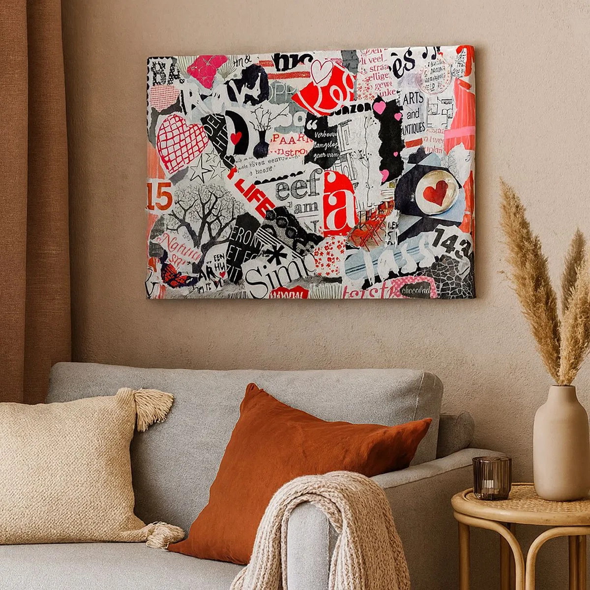 Bild auf Leinwand - Leinwandbild - Eine bunte Collage mit Aufschriften, Herzen und Grafiken. - 70x50cm - Hipster-Collage - Moderne Wanddekoration für Wohnzimmer und Schlafzimmer ARTTOR