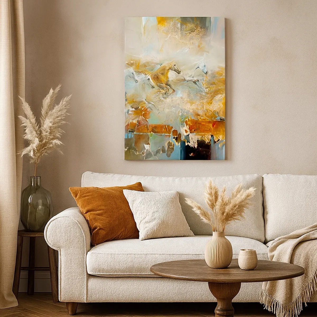 Bild auf Leinwand - Leinwandbild - Künstlerische Pferde in einer dynamischen, farbenfrohen Umgebung - 50x70cm - Im Galopp durch das Licht - Moderne Wanddekoration für Wohnzimmer und Schlafzimmer ARTTOR