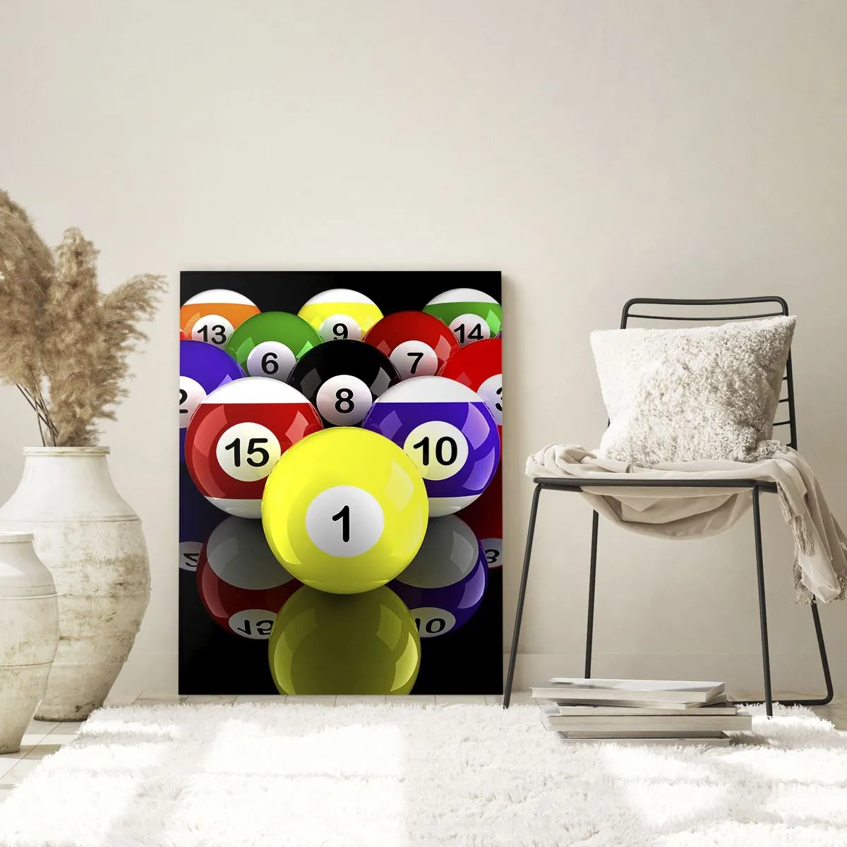 Glasbild - Bild auf glas - Bunte Billardkugeln in einem Dreieck auf schwarzem Hintergrund angeordnet - 80x120cm - Verschiedene Spielfarben - Moderne Wanddekoration für Wohnzimmer und Schlafzimmer ARTTOR