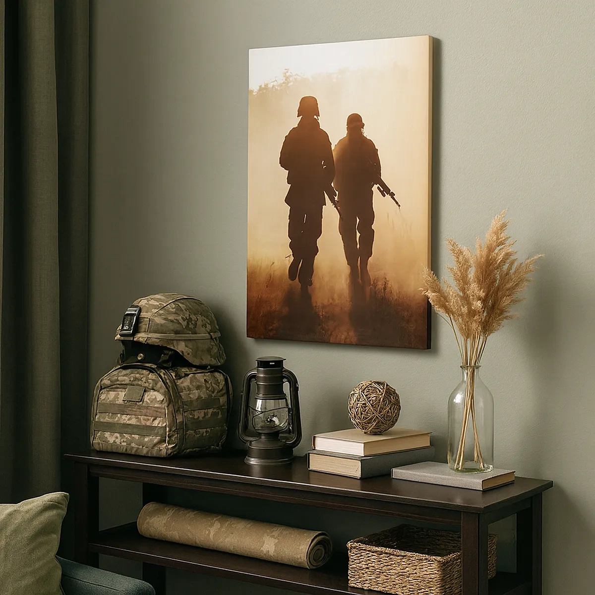 Bild auf Leinwand - Leinwandbild - Soldaten marschieren im Morgennebel vor der Kulisse der Natur - 50x70cm - Ruf der Pflicht - Moderne Wanddekoration für Wohnzimmer und Schlafzimmer ARTTOR