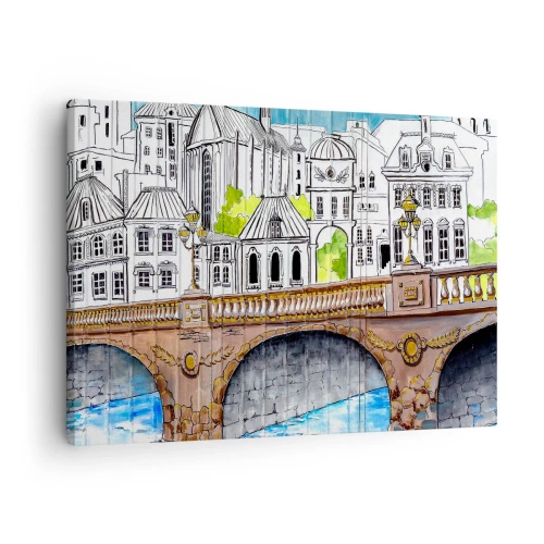 Bild auf Leinwand - Leinwandbild - Zeichnung der Brücke und historische Stadtarchitektur - 70x50cm - Die Stadt ist gemalt - Moderne Wanddekoration für Wohnzimmer und Schlafzimmer ARTTOR