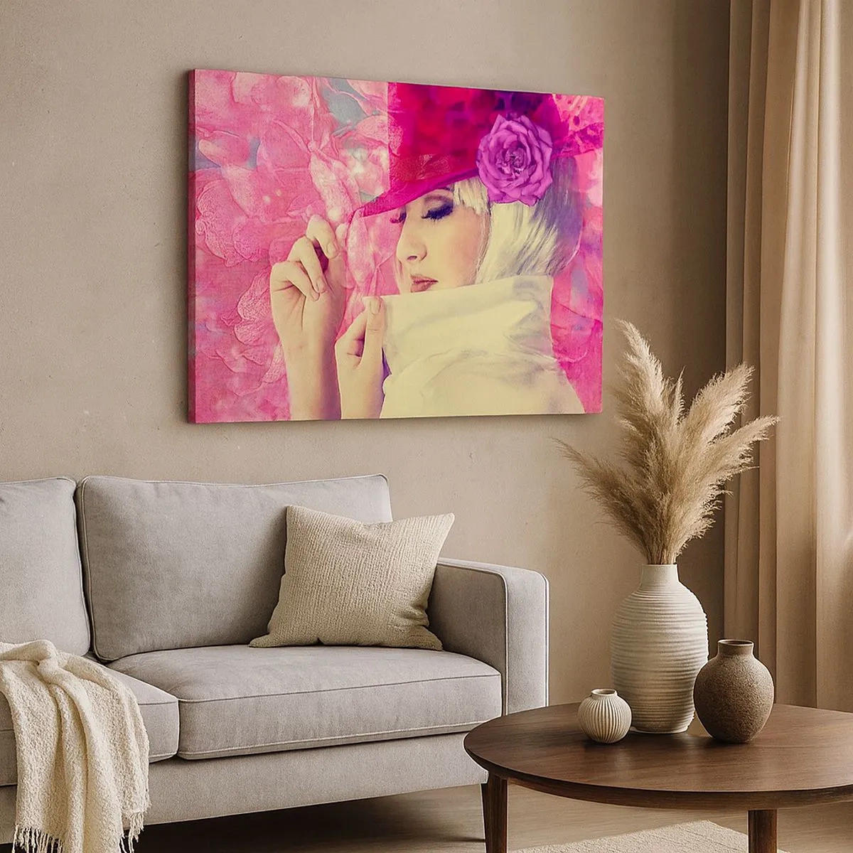 Bild auf Leinwand - Leinwandbild - Stilvolle Frau mit rosa Hut und Blume - 70x50cm - Retro-Porträt in einem rosa Nebel - Moderne Wanddekoration für Wohnzimmer und Schlafzimmer ARTTOR
