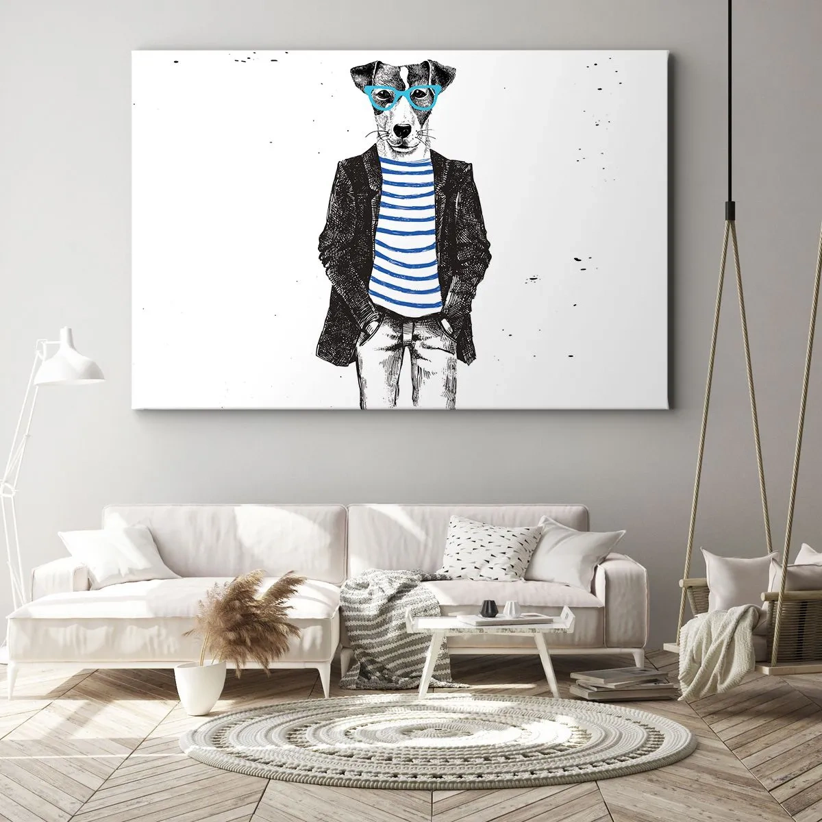 Bild auf Leinwand - Leinwandbild - Porträt eines Hundes mit Brille und Matrosenhemd im humorvollen Stil - 100x70cm - Auf den Charme des Hundes - Moderne Wanddekoration für Wohnzimmer und Schlafzimmer ARTTOR