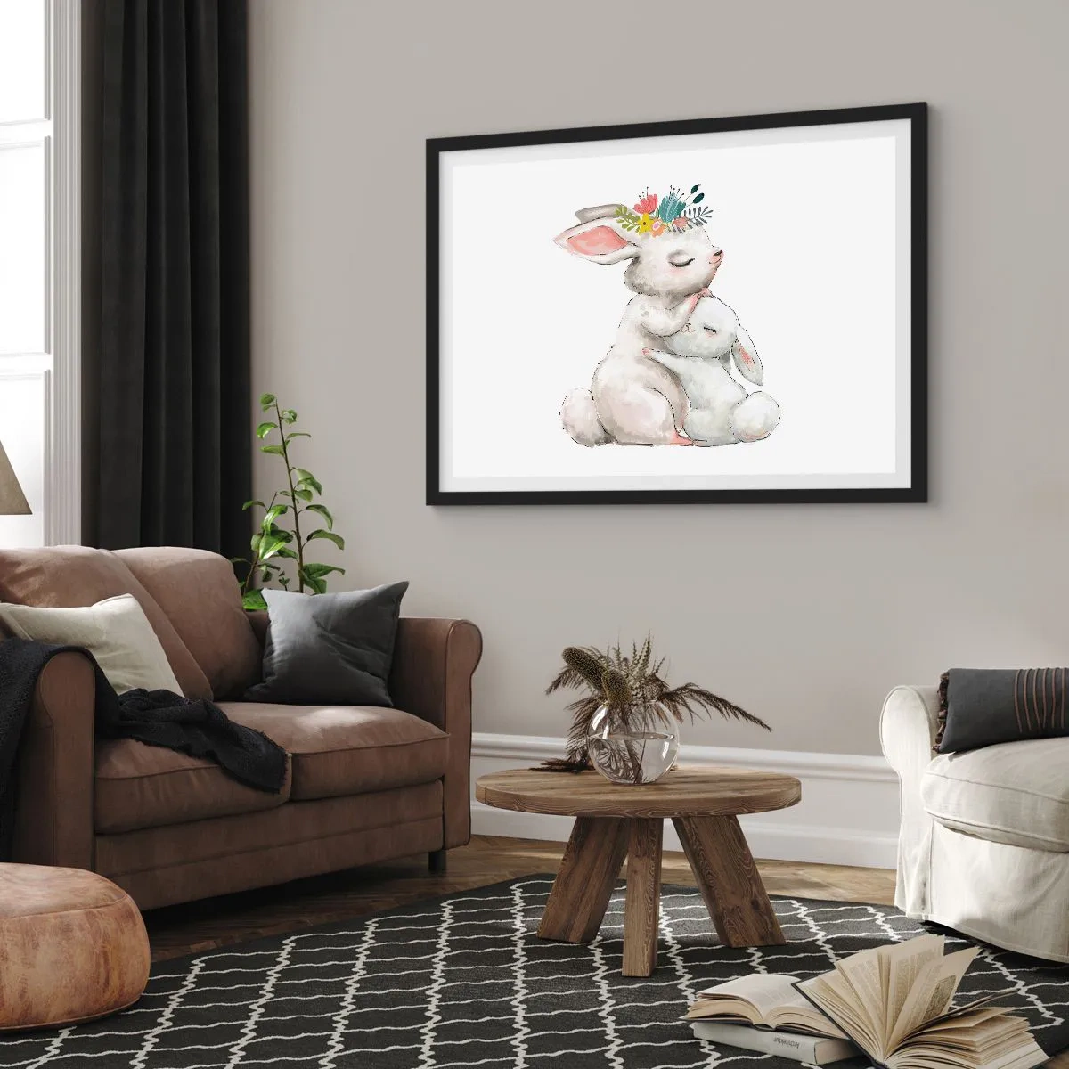 Poster in einem schwarzem Rahmen - Niedliche Kaninchen in Pastellfarben - 70x50cm - Bei Mama ist's am schönsten - Moderne Wanddekoration für Wohnzimmer und Schlafzimmer ARTTOR