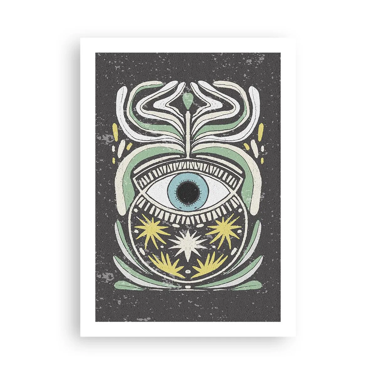Poster - Ein symbolisches Auge, umgeben von Pflanzenmustern auf dunklem Hintergrund. - 50x70cm - Stammesrituale - Moderne Wanddekoration für Wohnzimmer und Schlafzimmer ARTTOR