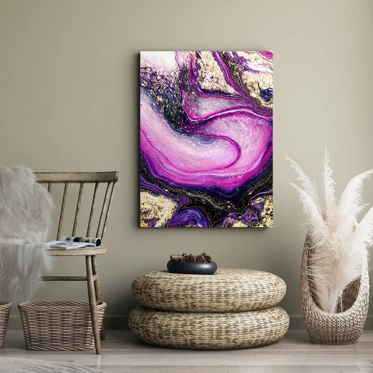 Bild auf Leinwand - Leinwandbild - Abstrakte Wellen in Lila- und Goldtönen - 50x70cm - Ein Moment hinter den Kulissen - Moderne Wanddekoration für Wohnzimmer und Schlafzimmer ARTTOR