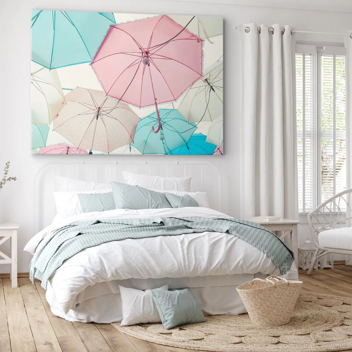 Bild auf Leinwand - Leinwandbild - Pastellfarbene Regenschirme vor einem hellen Himmel - 120x80cm - Mal Sonne, mal Regen - Moderne Wanddekoration für Wohnzimmer und Schlafzimmer ARTTOR